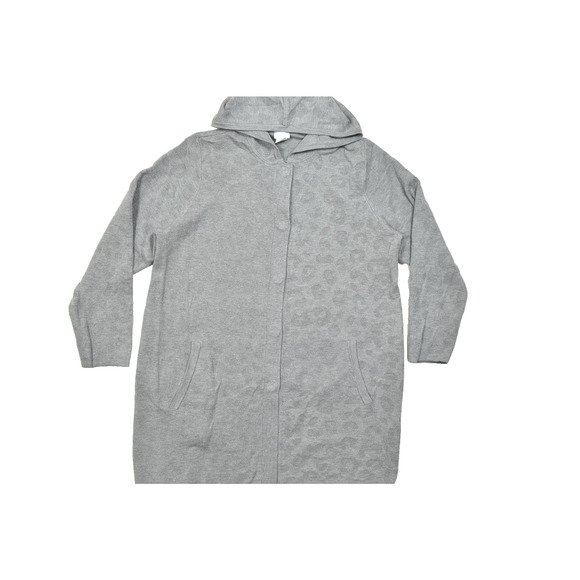 Chico's Gray Leopard Hooded Cardigan Sweater XL Size 3 Snap Button - Picture 1 of 8